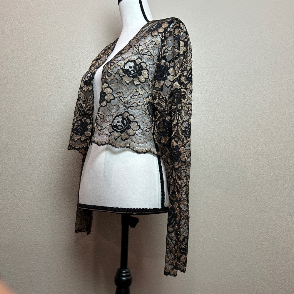 Vintage Lace Bolero Jacket Womens 14 Black Gold Metallic Floral Shrug Sheer Chic - Picture 12 of 15